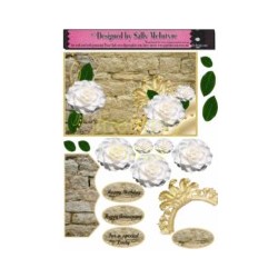 3d white camelias on a stone wall with gold